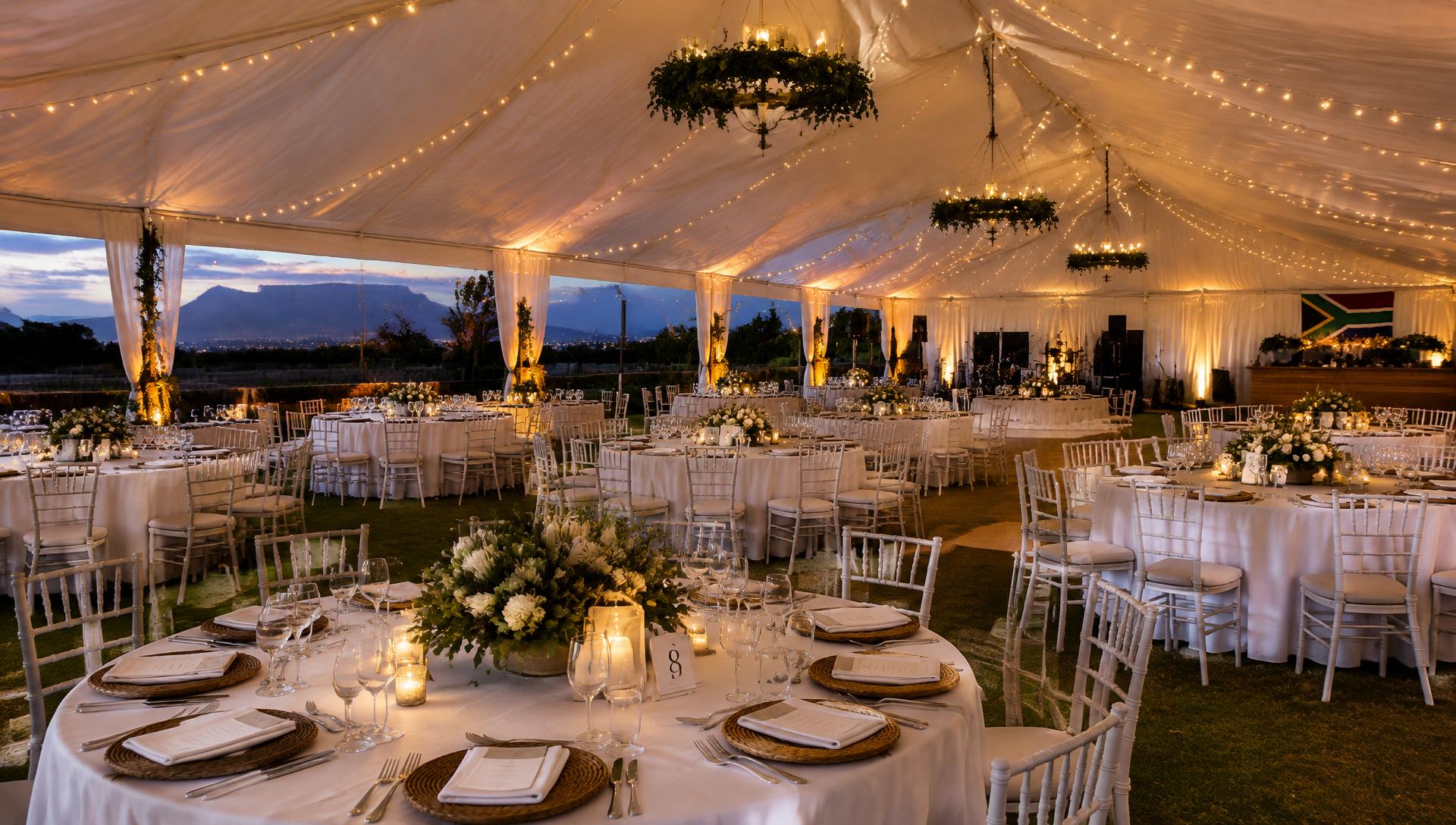 White marquee tent set with tables and chairs