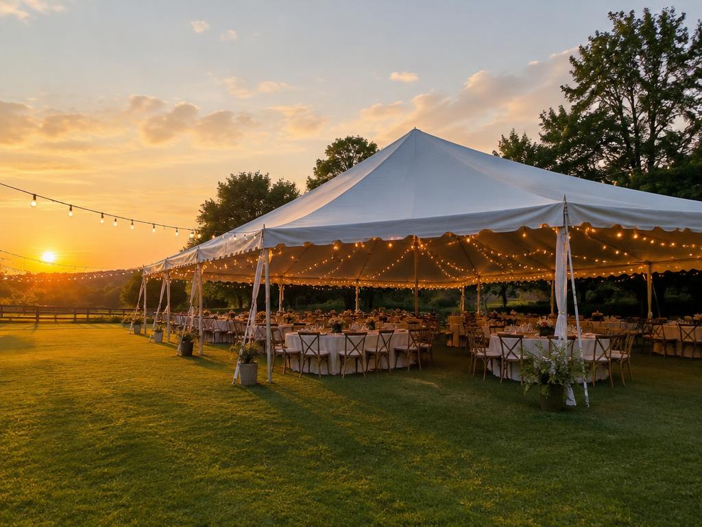 Tent with tables at sunset